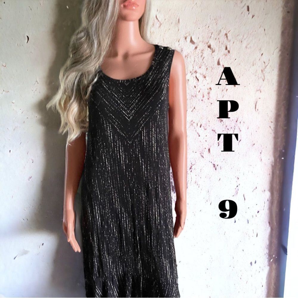 APT 9 l Maxi Dress, Hi-Lo Bottom l Black w/ Gold Accent l Soft Stretch l S l EUC